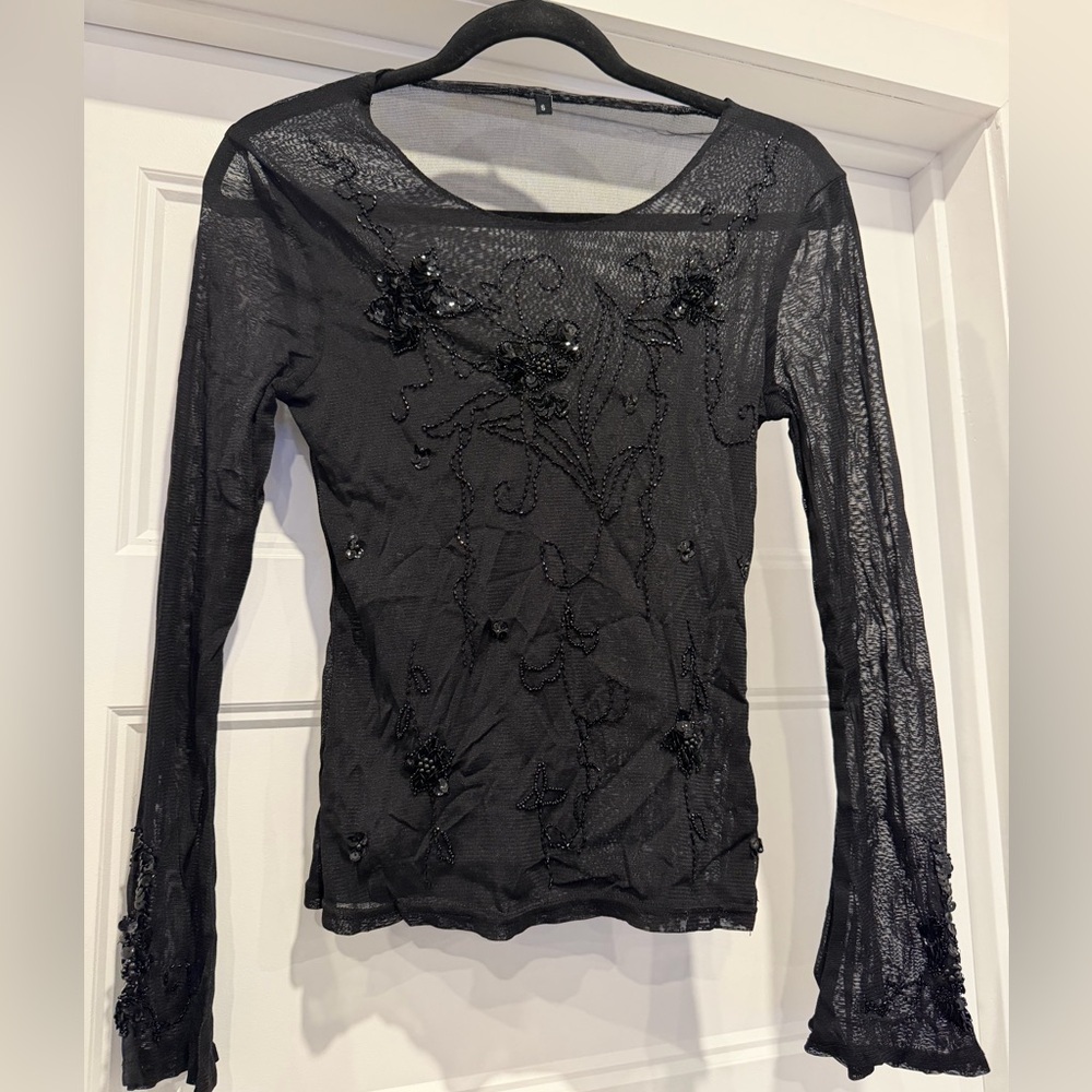 Classic Black Beaded Sheer Long-Sleeve Top